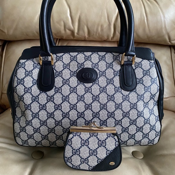 Vintage Gucci COA Bag GG Satchel & Kisslock Coin Wallet Navy PVC Leather - Picture 1 of 15